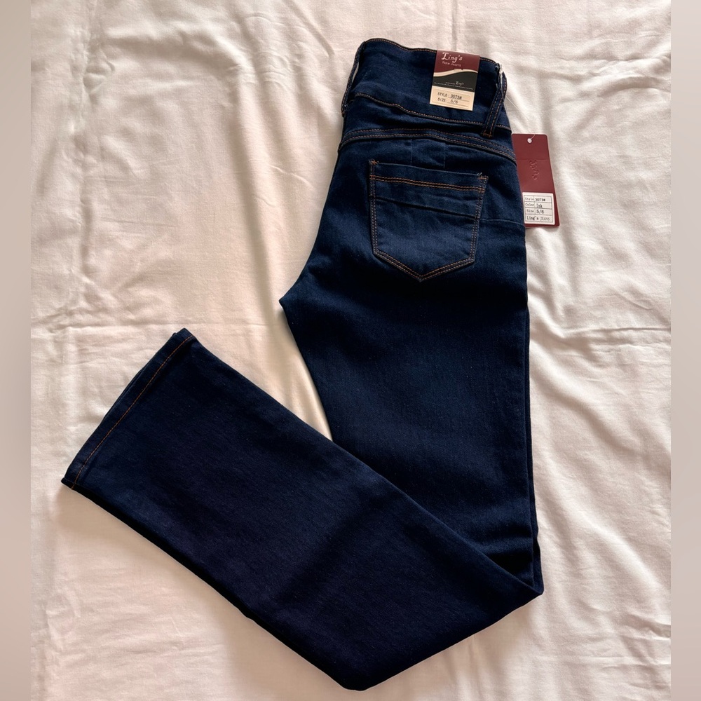 Ling’s Jeans Dark Blue Jeans with Brown Stitching